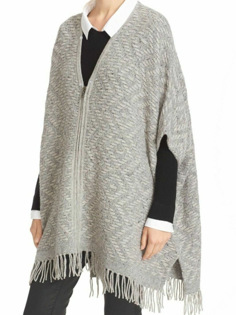 Unworn Joie Chunky Knit Fringe Hem Oversize Zip Front Poncho